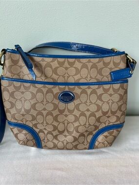 Coach Beige Signature Canvas Shoulder Bag with Blue Trim